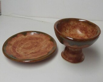 Portable communionware  Handmade pottery chalice style  footed cup and plate communion set earthy glaze with green frosted rim. Small