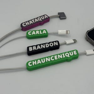 Puede incluir: Cables de carga con etiquetas con nombres en rosa, verde y negro. Las etiquetas muestran nombres en letras blancas: "CHATAQUA", "CARLA", "BRANDON" y "CHAUNCENIQUE". Los cables son grises.