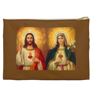 Prayer Accessory Pouch, Sacred Heart & Immaculate Heart of Jesus and Mary, Vintage Images, Zipper Pouch for Rosary and Prayer Cards, Gift