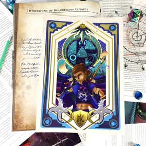 May include: A blue and gold illustrated card with a woman in a purple and blue outfit holding a weapon. The card has a circular design with a star in the center and the text "IMPRESSIONS OF BEAUREGARD LIONETT".