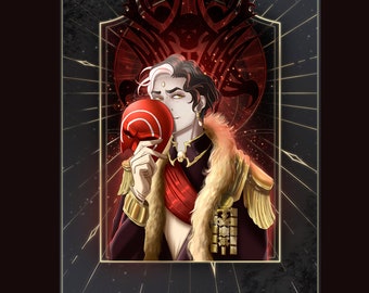 May include: A portrait of a person with white hair and a red mask, wearing a gold and black costume with a fur collar. The background is a dark red and black design with gold accents.