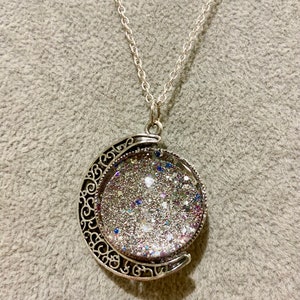 Full Moon, Crescent Moon Sparkly Silver Pendant Necklace