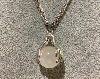 Crystal Ball in Silver Hands Pendant Necklace