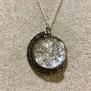 Full Moon, Crescent Moon Black with Sparkly Silver Pendant Necklace