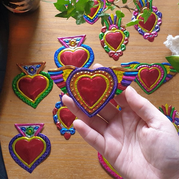 Pack of 3 Unique tiny handmade heart  rainbow Mexican tin decorative magnets