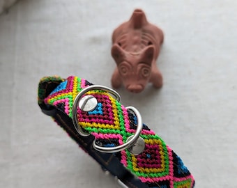 Handmade Woven Dog Collar: Embroidered Mexican Style, Rainbow Threads