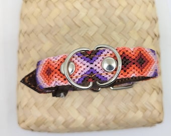 Handmade Woven Dog Collar-extra small 30cm-Pink Mexican Embroidered Leather Collar