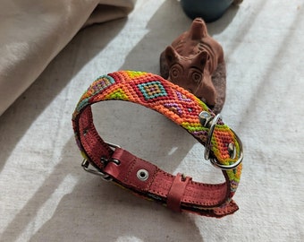 Handmade Woven Leather Dog Collar: Colorful Embroidered Design