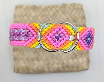 Handmade Woven Dog Collar - small 35 cm - Rainbow Threads, Boho Leather