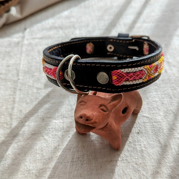 Dog collar handmade leather unique dog collar medium embroidered Dog collar aztec design