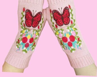 Embroidered Handwarmer, fingerless gloves, texting gloves,PINK NEW