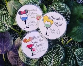 Personalised Beautiful Disney Drinking/Cocktail Theme Hen Do Badges! Perfect for Hen Do, Bridal Showers, 6 Designs available!