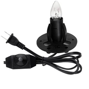 May include: A black electric candle holder with a clear, flame-shaped light bulb. The holder has a round base and a built-in dimmer switch on the power cord. The cord has a two-prong plug.