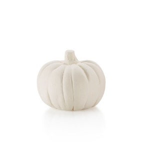 May include: A white ceramic pumpkin with a smooth, rounded shape and a slightly textured surface. The pumpkin is a simple, modern design.