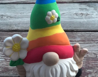 ON SALE Rolly Polly Rainbow Peace Garden Gnome, ceramic pottery, modern gnome, garden gnome, custom, apx. 6” Tall