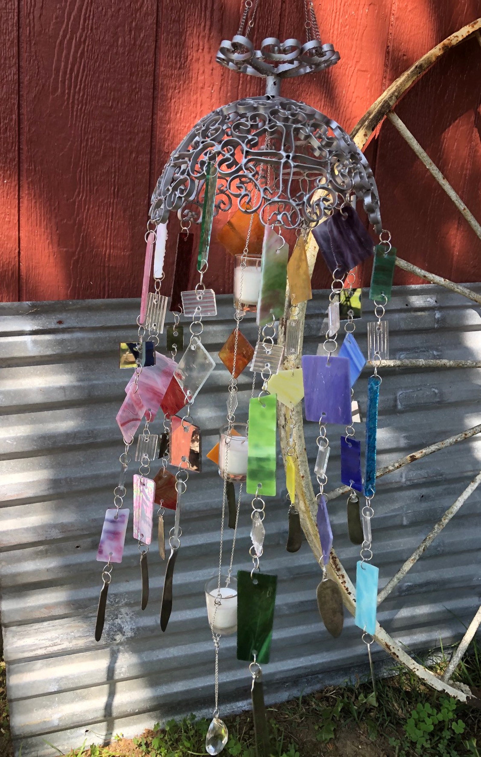 Stained Glass Wind Chime with Votive Candles Hanging in Center Etsy