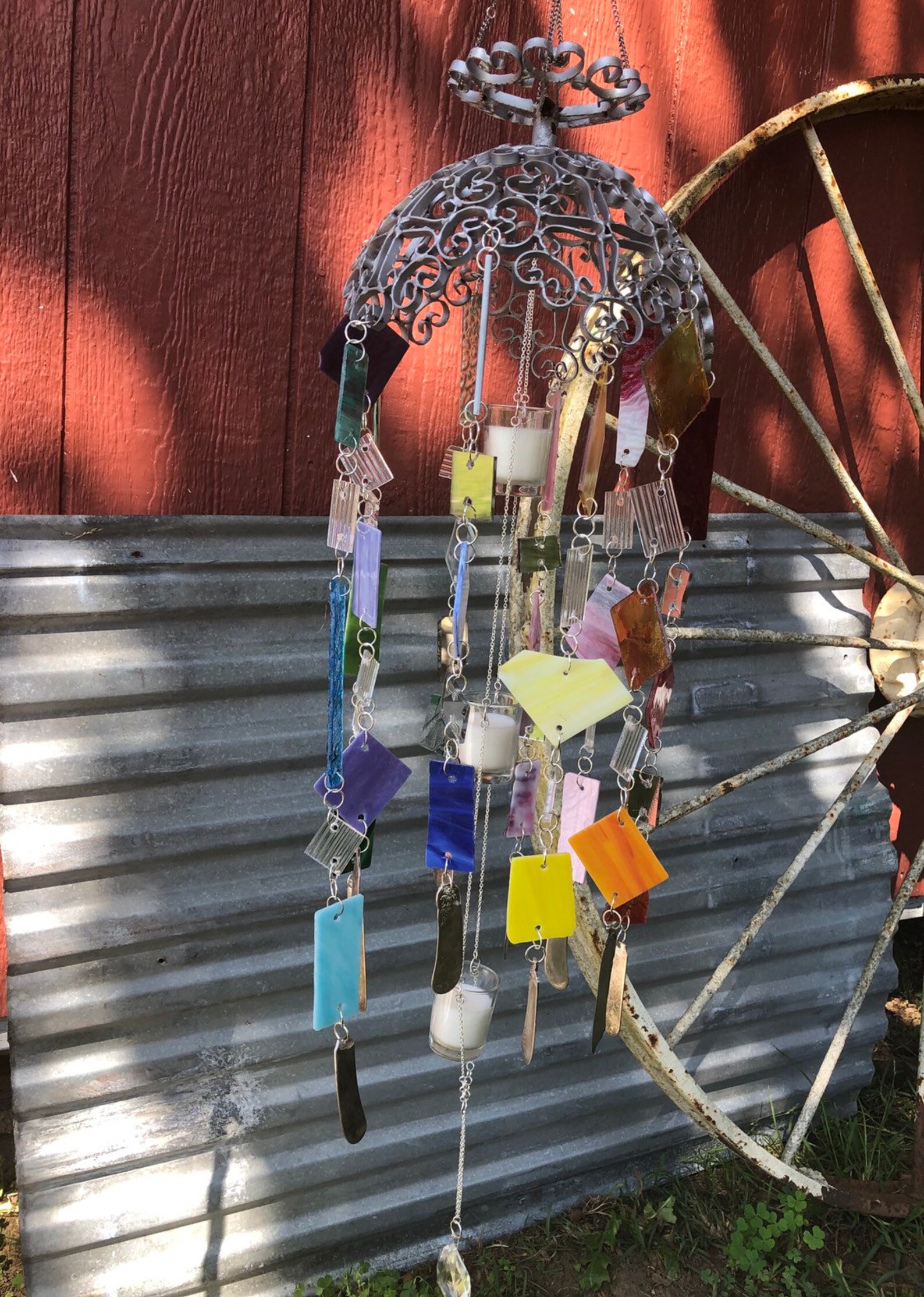 Stained Glass Wind Chime with Votive Candles Hanging in Center Etsy