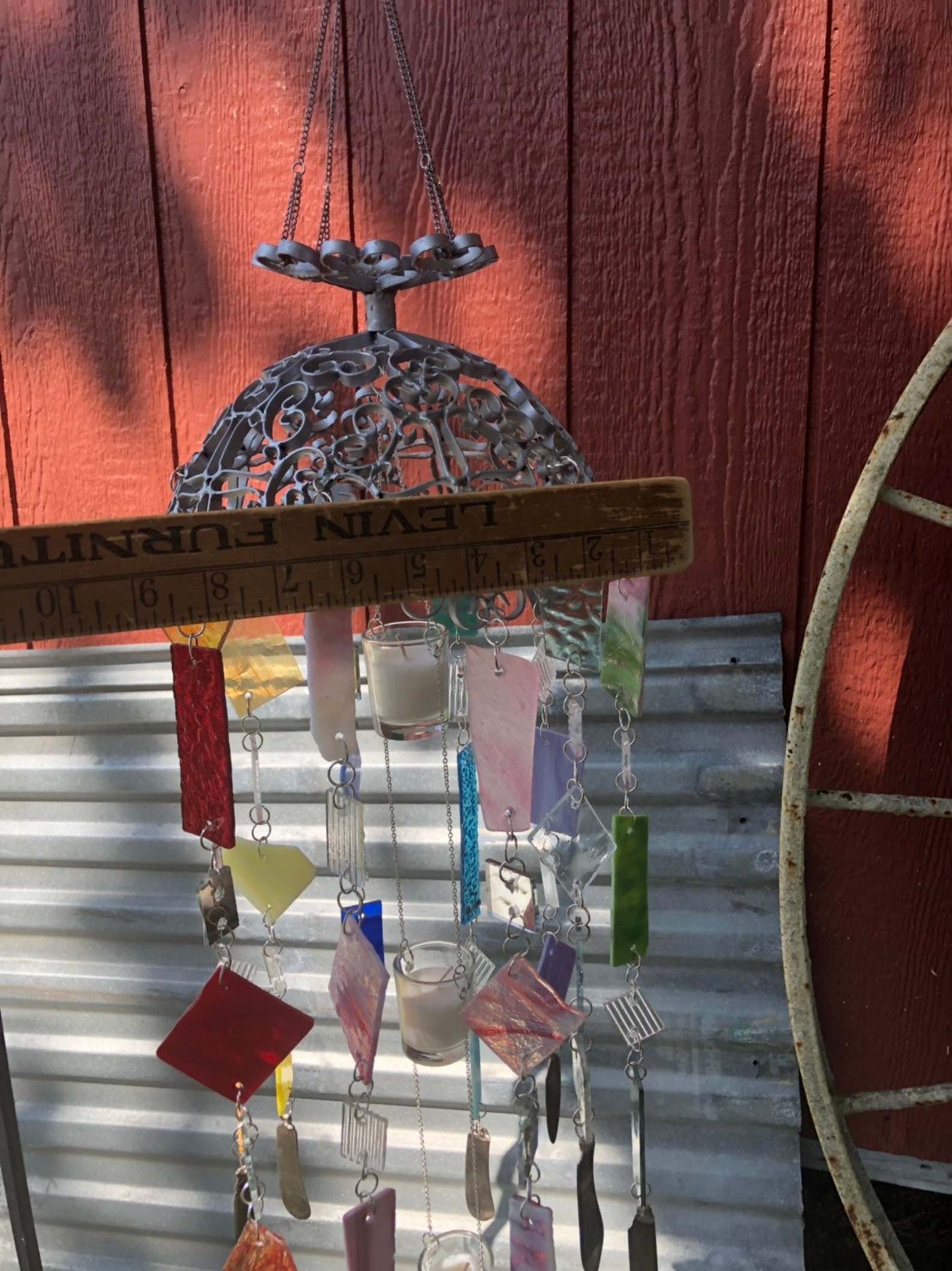 Stained Glass Wind Chime with Votive Candles Hanging in Center Etsy
