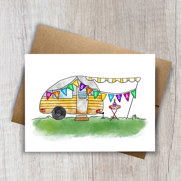 Happy Birthday Camper Card | happy camper | watercolor vintage camper | painted birthday card | cute camper design | retro camper van | fun