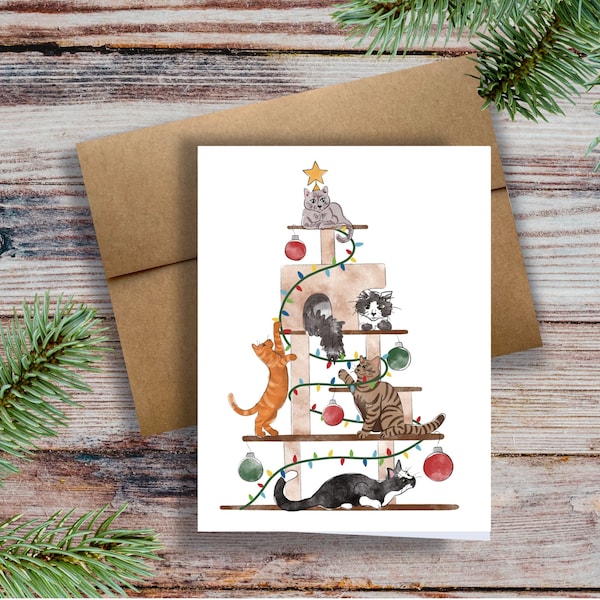 Funny Cat Tree Christmas Card illustrated cats watercolor style christmas card cat lovers christmas car for friend girlfriend cat lady