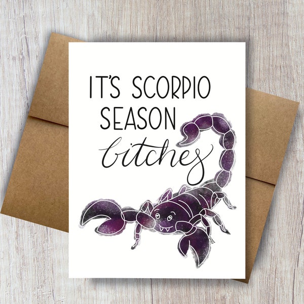 Funny scorpio season greeting card for scorpio friends girlfriends sisters watercolor scorpion scorpio October November birthday card