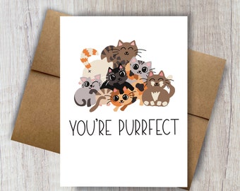 Cute cat pile greeting card youre purrfect cute cat illustration funny cat birthday card cats happy birthday cats love encouragement friends