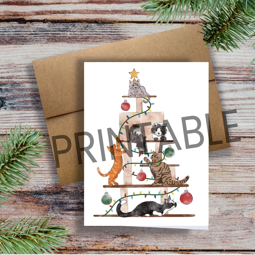 PRINTABLE Funny Cat Tree Christmas Card Illustrated Cats Watercolor