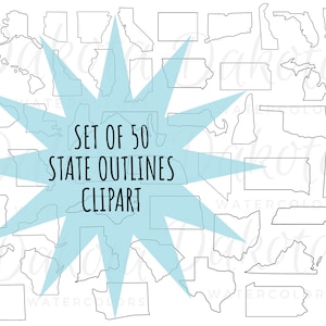 May include: A collection of 50 state outline clip art images in black and white. The text "SET OF 50 STATE OUTLINES CLIPART" is in the center of the image. The outlines are of various shapes and sizes, representing the different states.