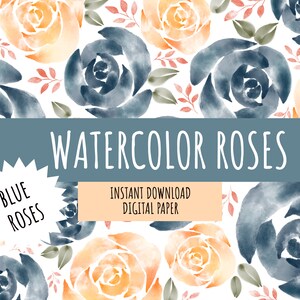 Blue watercolor roses printable digital background png rose pattern scrapbook paper wedding invitation roses clip art navy gold color scheme