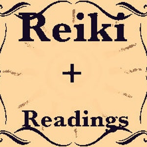 May include: A vintage-style illustration of the words "Reiki + Readings" in black text on a light brown background.