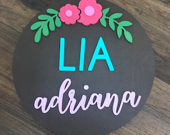 Flower Round wood Sign | Nursery or Baby Name Sign  |  Wood Circle Name Board