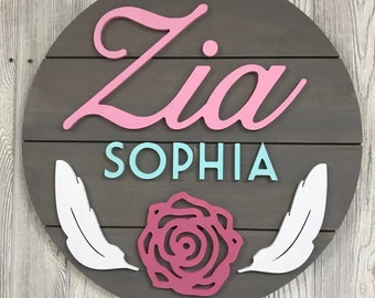 Feather Round wood Sign | Nursery or Baby Name Sign  |  Wood Circle Name Board