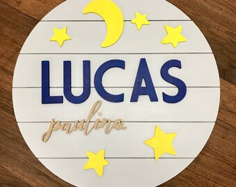Moon And Star Round wood Sign | Nursery or Baby Name Sign | Nighttime Theme | Wood Circle Name Board