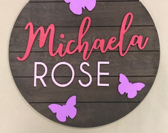 21" Diameter round Circle .Butterfly Nursery or Baby Name Wood Sign. Baby gift