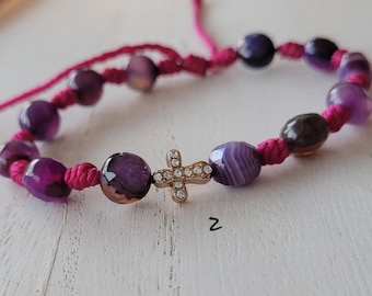 Rhinestone Cross Bracelet, Pink Jewelry, Fuchsia Jewelry, Bracelet with Cross, Agate Beads, StringNBeads, Pink Cross Jewelry, Religious Gift