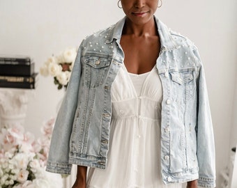 Bridal Gift// Bride Denim Jacket// Custom Bridal Pearl Coat Jacket// Mrs Bride Denim Jacket// Bachelorette Party Outfits- (Denim Jacket)