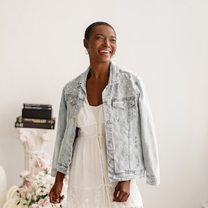 Bridal Gift// Bride Denim Jacket// Custom Bridal Pearl Coat Jacket// Mrs Bride Denim Jacket// Bachelorette Party Outfits- (Denim Jacket)
