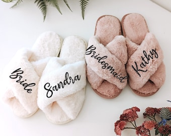 Custom Fluffy Bridesmaid Slipper Bachelorette Party Gifts Bride Slipper Bridesmaid Gifts for her Custom Slippers Gifts for wife (Slippers)