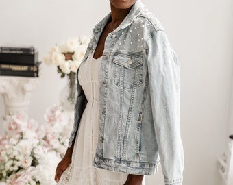 Bridal Gift// Bride Denim Jacket// Custom Bridal Pearl Coat Jacket// Mrs Bride Denim Jacket// Bachelorette Party Outfits- (Denim Jacket)