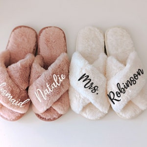 Gifts for her Custom Fluffy Bridesmaid Slippers Bachelorette Party Gifts Bride Slippers Bridesmaid Gifts for Mom Wedding Custom (Slippers)