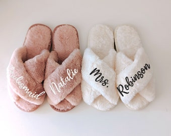 Gifts for her Custom Fluffy Bridesmaid Slippers Bachelorette Party Gifts Bride Slippers Bridesmaid Gifts for Mom Wedding Custom (Slippers)