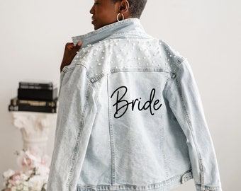 Bridal Gift// Bride Denim Jacket// Custom Bridal Pearl Coat Jacket// Mrs Bride Denim Jacket// Bachelorette Party Outfits- (Denim Jacket)