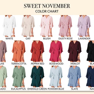 May include: Color chart showing 15 different colors of a short-sleeved, wrap-style dress with a tie belt. The colors are: white, oat, blush, dusty rose, lavender, mauve, terracotta, pepper red, rosewood, merlot, black, avocado, eucalyptus, emerald green, powder blue, slate, and navy.