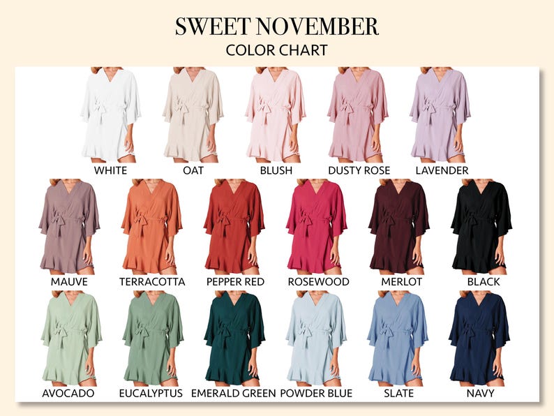 May include: Color chart showing 15 different colors of a short-sleeved, wrap-style dress with a tie belt. The colors are: white, oat, blush, dusty rose, lavender, mauve, terracotta, pepper red, rosewood, merlot, black, avocado, eucalyptus, emerald green, powder blue, slate, and navy.