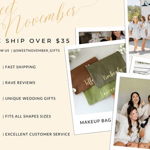 May include: Personalized makeup bags in green, brown, and olive green with the names Kimberly, Tiff, and Lauren embroidered in gold lettering. The bags are arranged on a white surface. The text "MAKEUP BAG" is printed below the bags.
