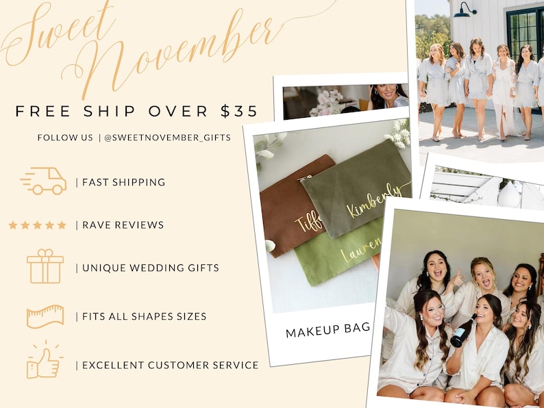 May include: Personalized makeup bags in green, brown, and olive green with the names Kimberly, Tiff, and Lauren embroidered in gold lettering. The bags are arranged on a white surface. The text "MAKEUP BAG" is printed below the bags.