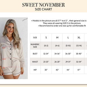 May include: A beige pajama set with a button-down long-sleeve top and shorts featuring black piping. The image includes a size chart titled SWEET NOVEMBER with numeric size, bust, waist, and hip measurements in inches for sizes S to XXL.