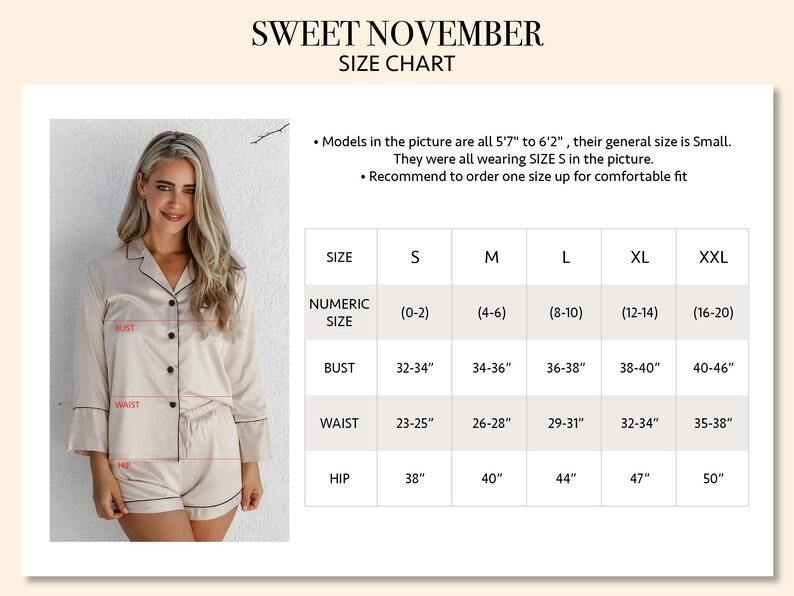 May include: A beige pajama set with a button-down long-sleeve top and shorts featuring black piping. The image includes a size chart titled SWEET NOVEMBER with numeric size, bust, waist, and hip measurements in inches for sizes S to XXL.