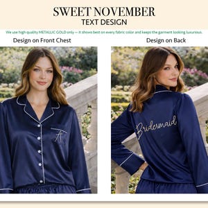 May include: A navy blue long-sleeve pajama top with white piping trim, a notched collar, and a front pocket featuring the letter A. The back of the top displays the word Bridesmaid in metallic gold script text. The garment has a button-down front.