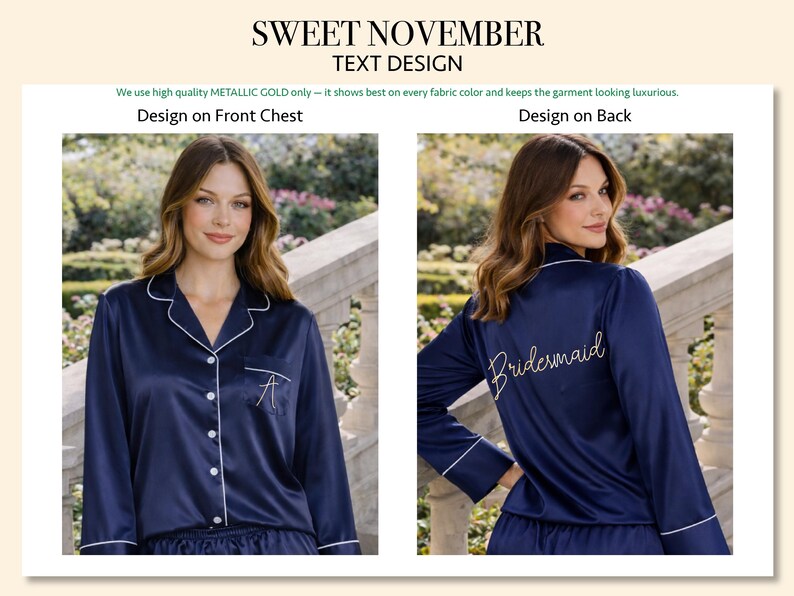 May include: A navy blue long-sleeve pajama top with white piping trim, a notched collar, and a front pocket featuring the letter A. The back of the top displays the word Bridesmaid in metallic gold script text. The garment has a button-down front.
